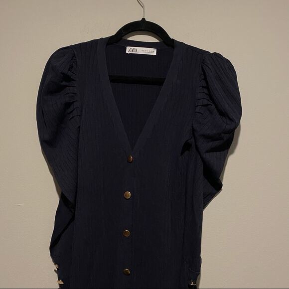 ZARA Ribbed Knit Puffy Sleeve Gold Button Front Midi Dress - Picture 3 of 7